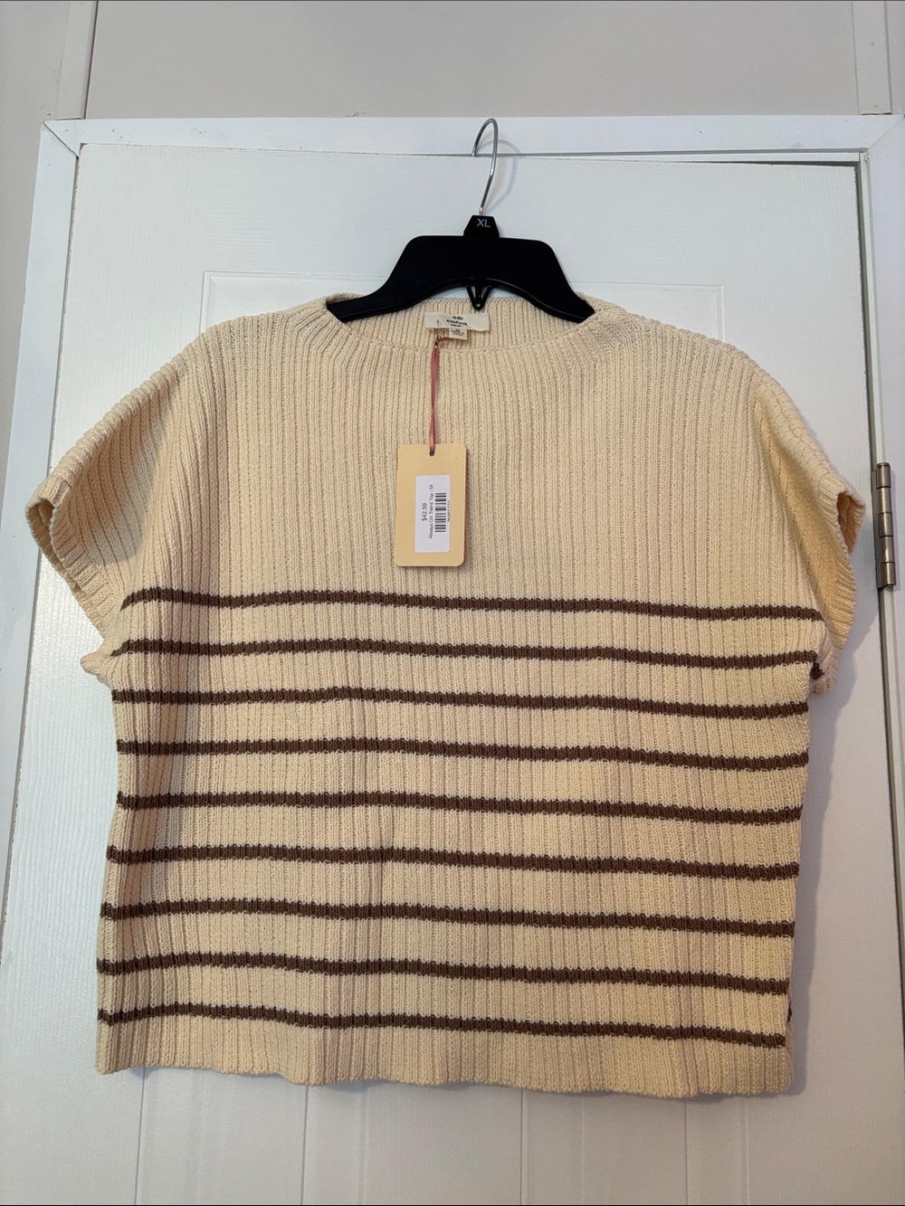 entro Cream with Brown Stripes Ribbed Short Sleeve Sweater